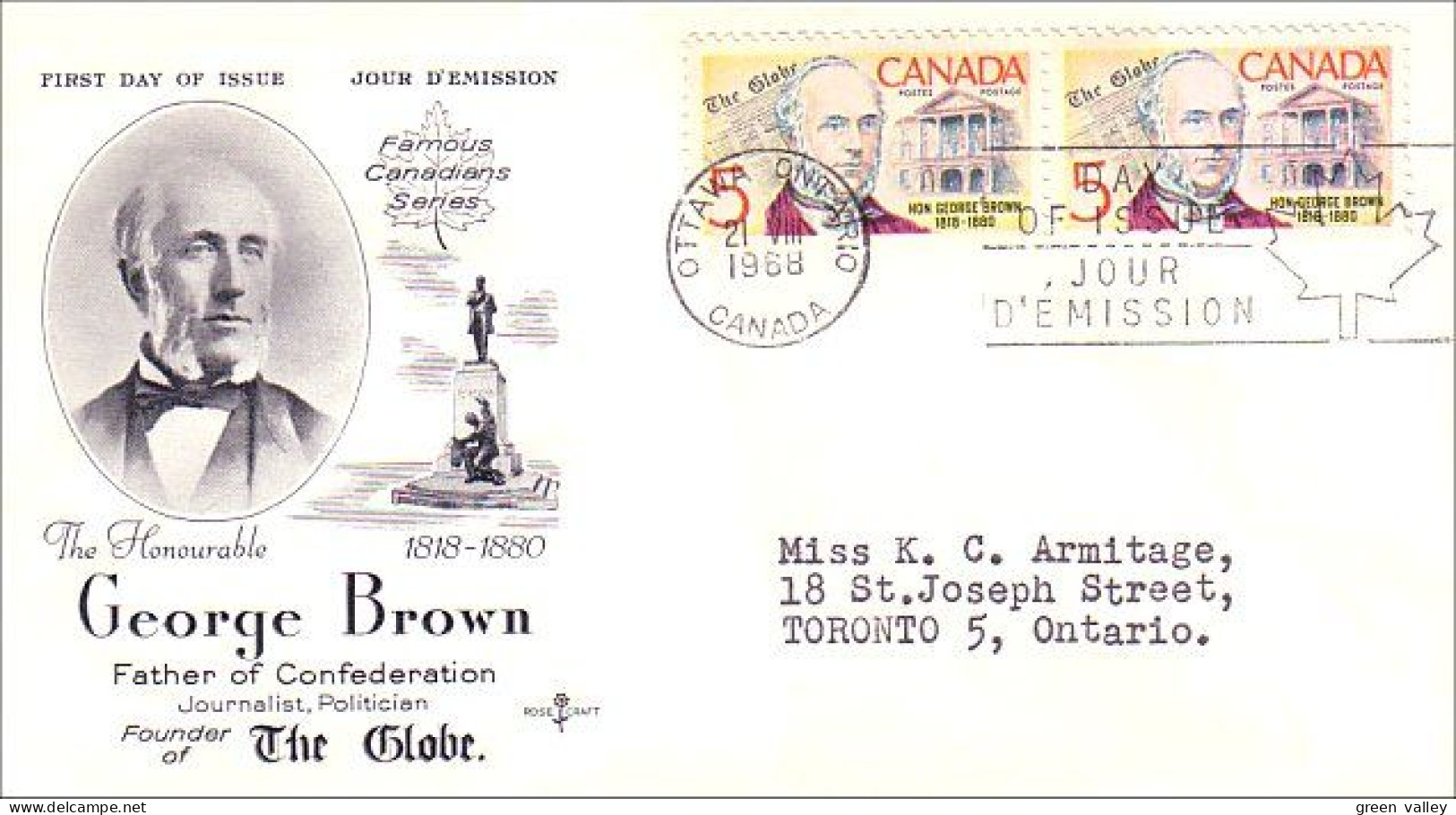 Canada George Brown Journaliste Pair FDC ( A70 816) - 1961-1970