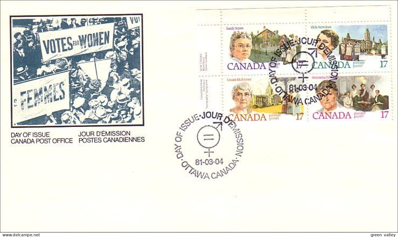 Canada Emily Stone Idola Saint-Jean Vote Suffragettes UL Pl.blk/4 FDC ( A70 353a) - 1981-1990