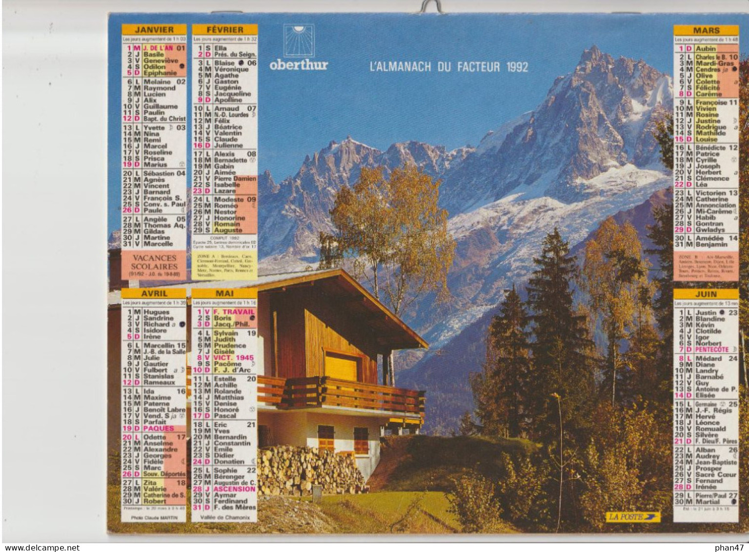 Almanach Du Facteur 1992, Vallée De Chamonix (74) Chalet / Idem Sous La Neige, OBERTHUR - Big : 1991-00