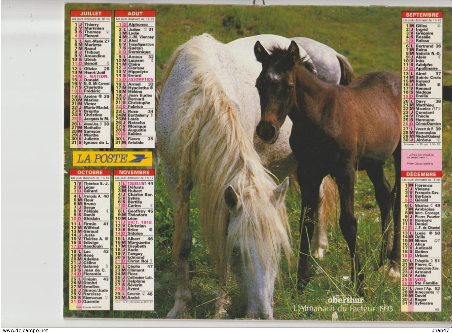 Almanach Du Facteur 1993, Chien Berger Des Alpes / "Jamais Bon Cheval Ne Devient Rosse" Jument Et Son Poulain OBERTHUR - Grand Format : 1991-00