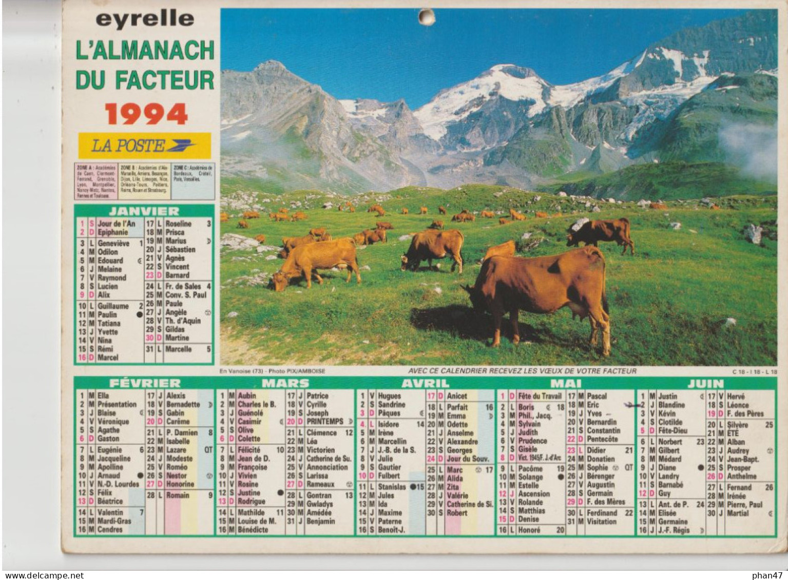 Almanach Du Facteur 1994, En Vanoise (73), Vaches En Pâturage / Tarentaise (73), EYRELLE - Groot Formaat: 1991-00