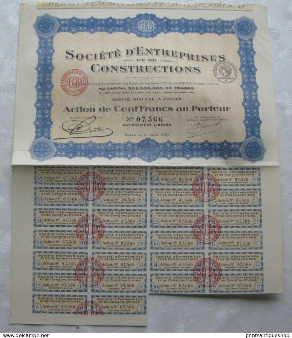1923 SOCIETE D'ENTREPRISES CONSTRUCTIONS ACTION DE CENT FRANCS France Paris Emprunt Bond - A - C