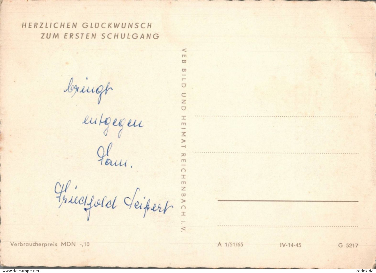 G8211 - Glückwunschkarte Schulanfang - Mädchen - Verlag Reichenbach DDR - Eerste Schooldag