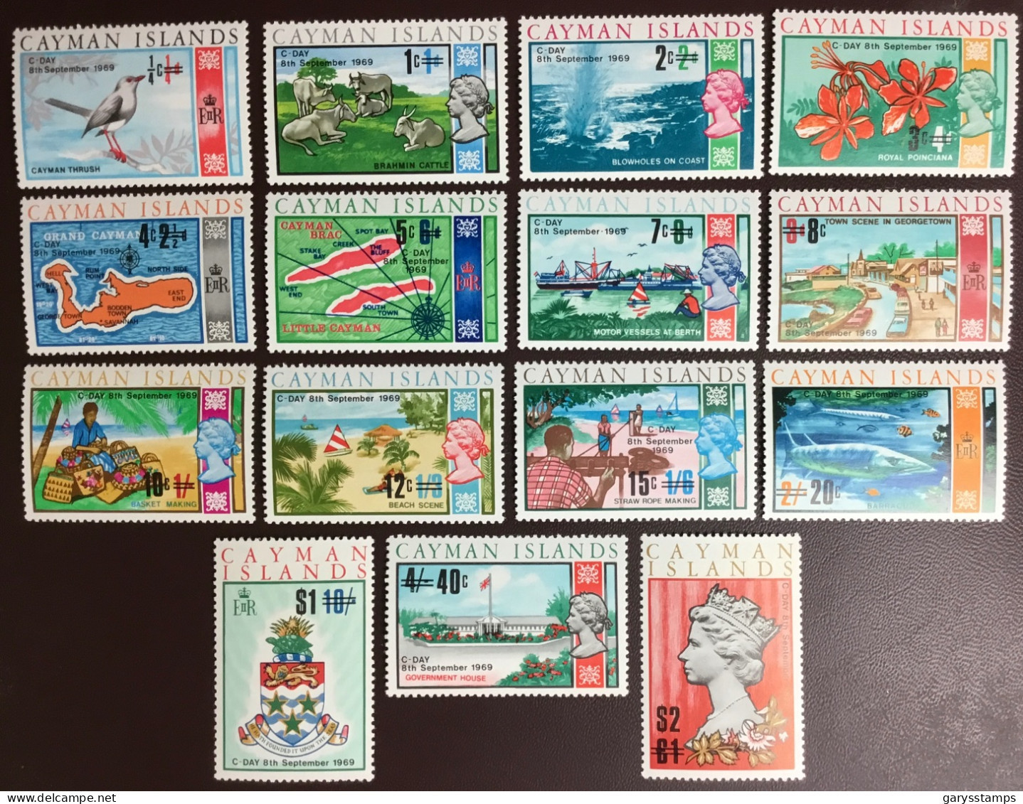 Cayman Islands 1969 New Currency Overprint Set Birds Flowers Animals Fish MNH - Iles Caïmans