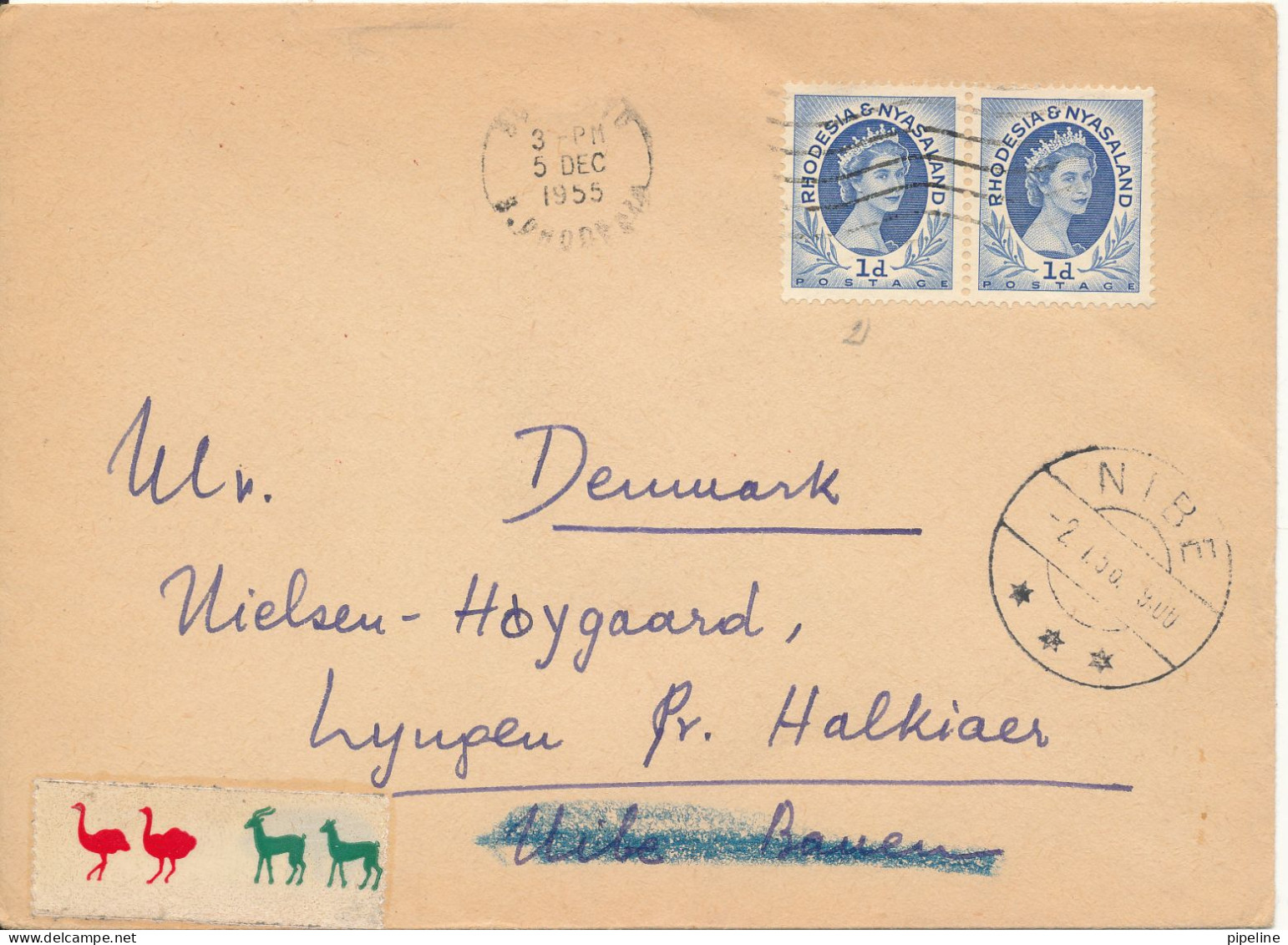 Rhodesia & Nyasaland Cover Sent To Denmark 5-12-1955 - Rhodesia & Nyasaland (1954-1963)