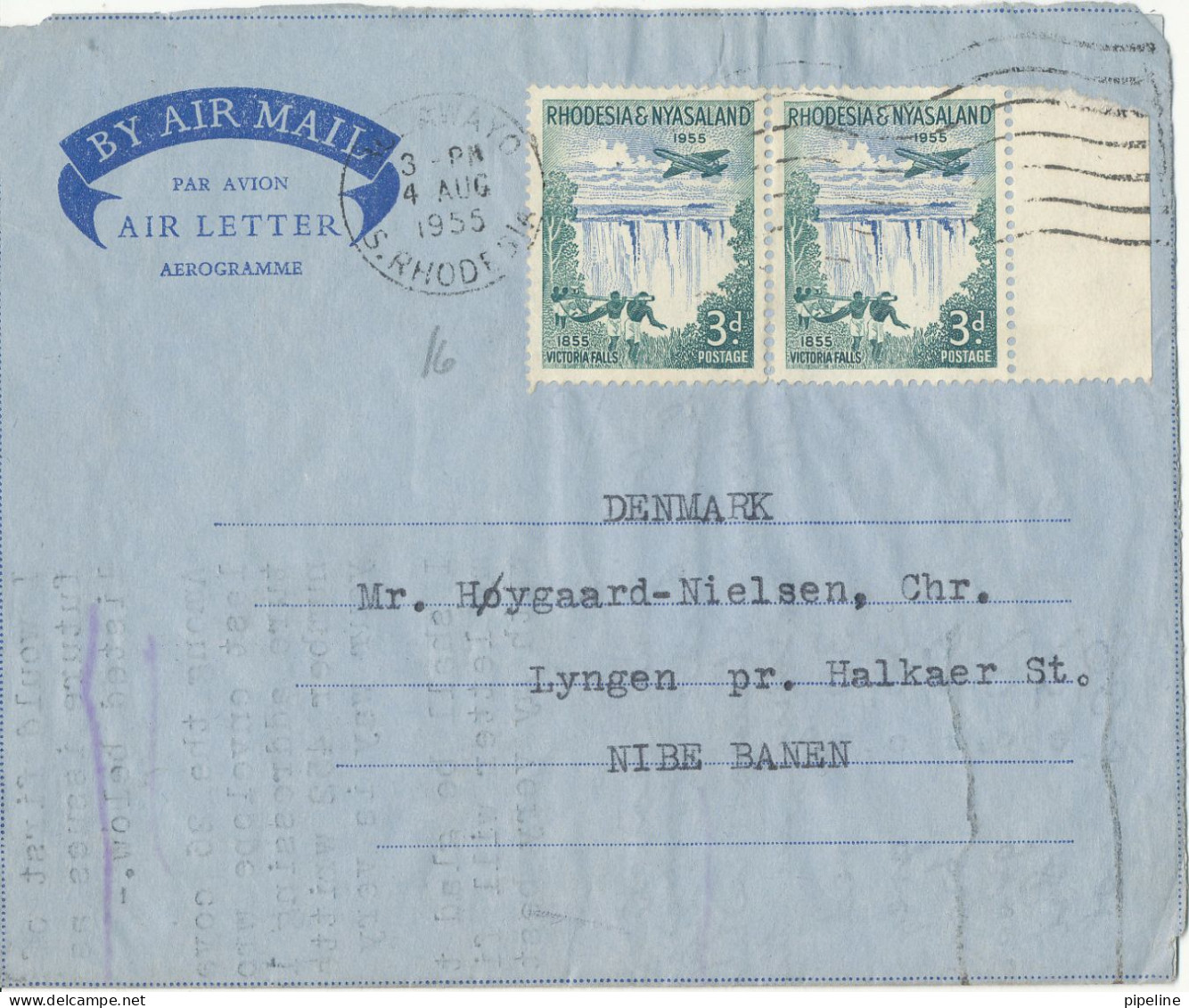 Rhodesia & Nyasaland Aerogramme Sent To Denmark 4-8-1955 - Rhodesien & Nyasaland (1954-1963)