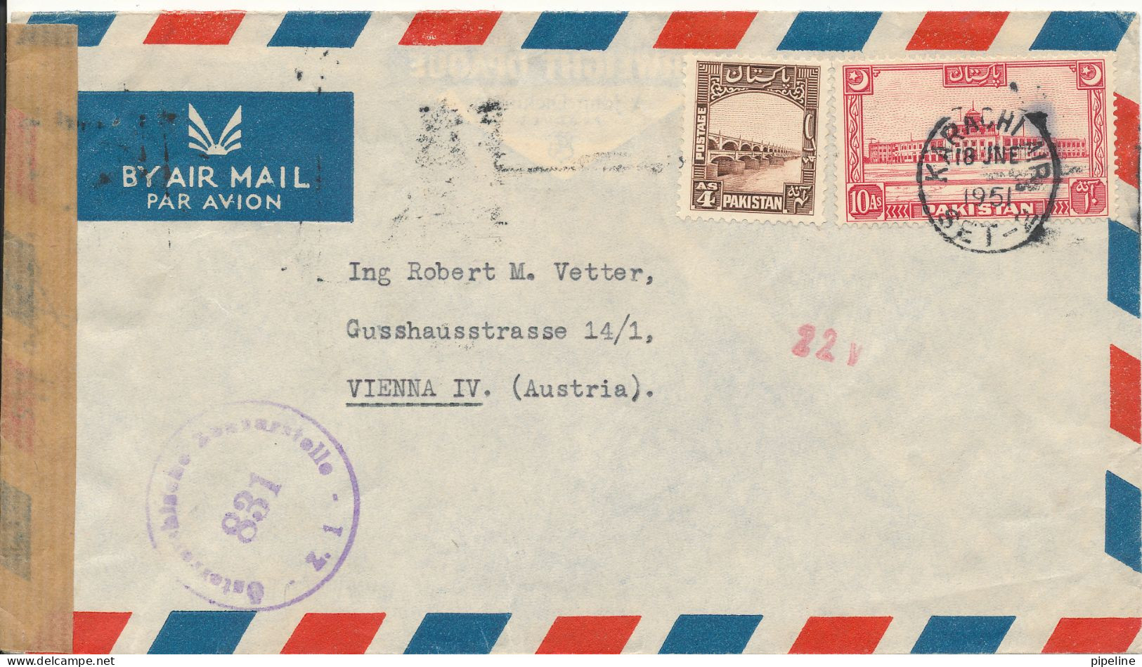 Pakistan Air Mail Cover Sent To Austria 18-6-1951 Österreichische Zensurstelle 831 - Pakistan