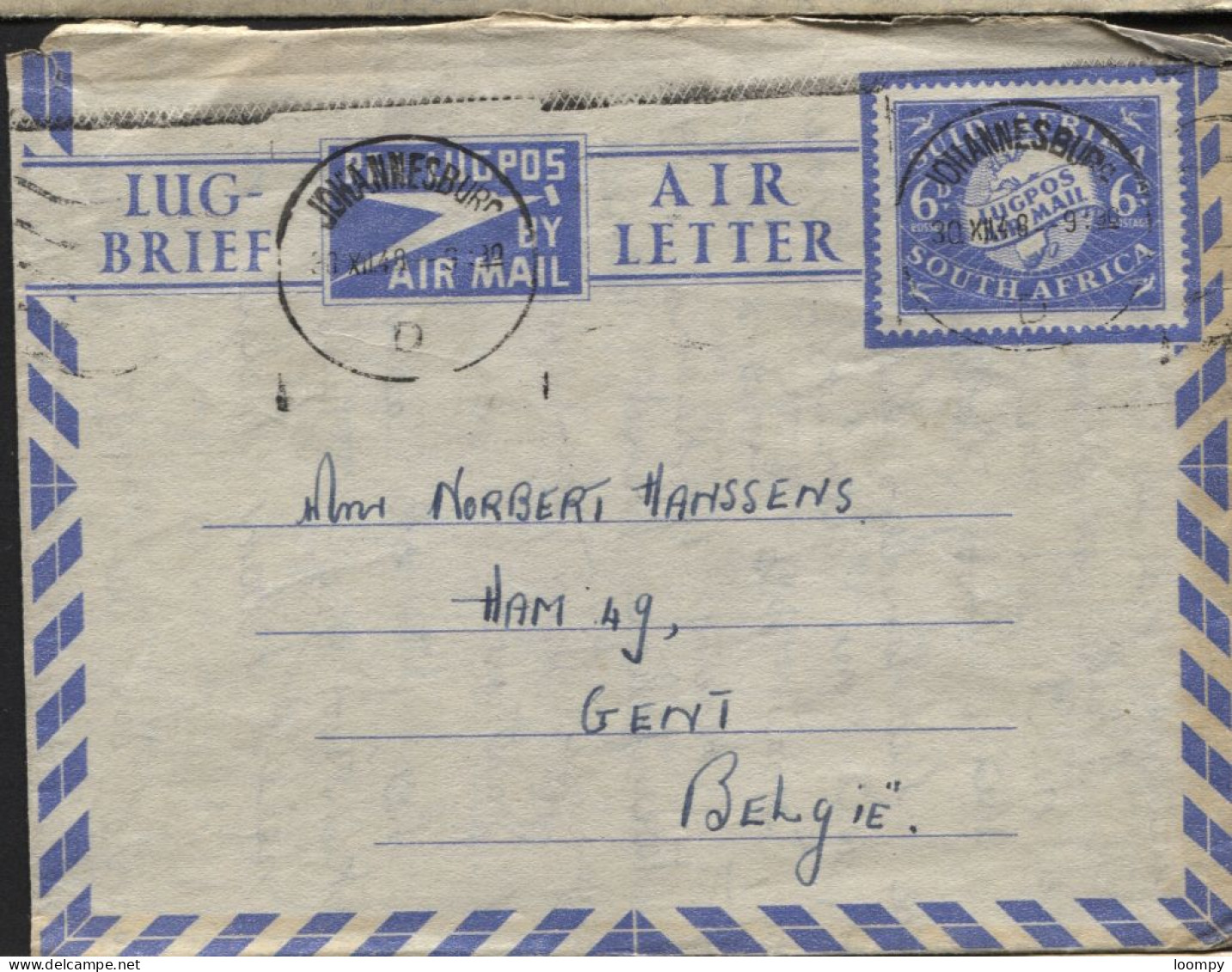 SOUTH AFRICA - Aerogram Air Mail Stationery Cover To Belgium 1948 (x674) - Aéreo