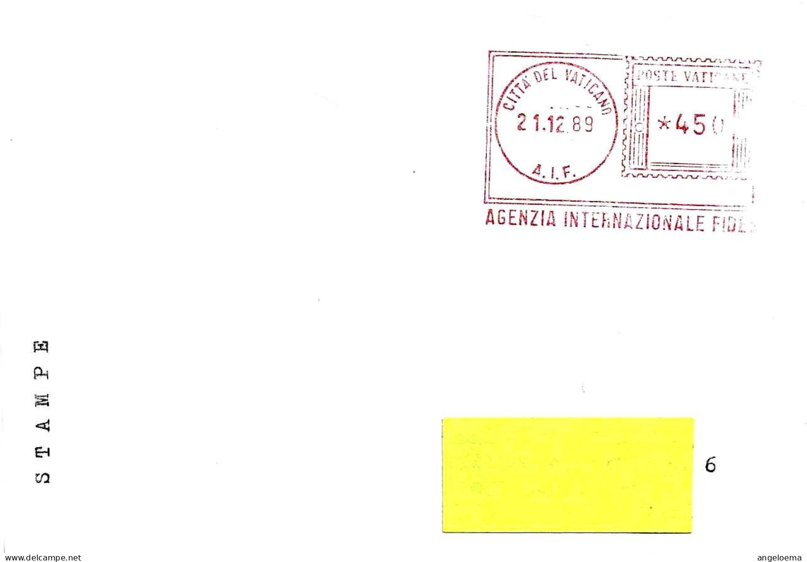 VATICANO - 1989 AGENZIA INTERNAZIONALE FIDES Ema Affrancatura Meccanica Rossa Red Meter Su Busta Viaggiata - 11273 - Franking Machines (EMA)