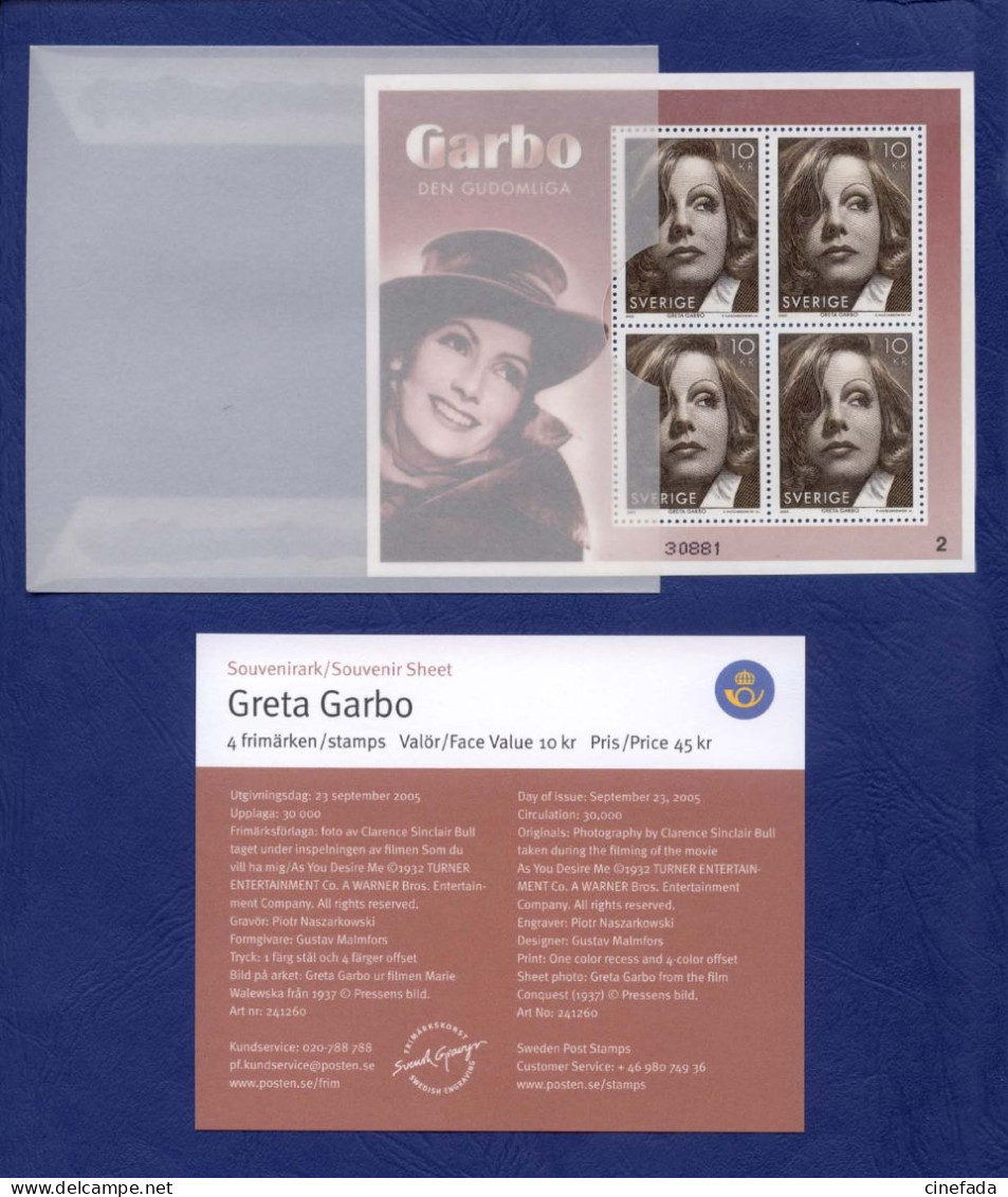 SUEDE BF30 Y&T Neuf ** (4x N°2475) Greta Garbo Numéroté 30881. SWEDEN MINIATURE SHEET Mint**. RARE, UNIQUE. 2005. - Blocks & Kleinbögen