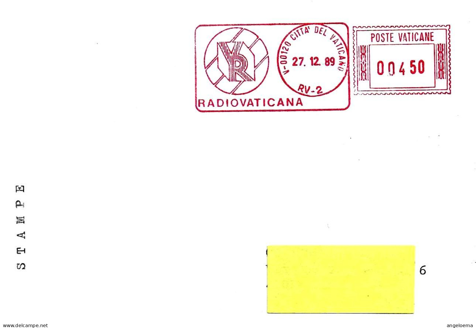 VATICANO - 1989 RADIO VATICANA RV-2 Ema Affrancatura Meccanica Rossa Red Meter Su Busta Viaggiata - 11274 - Franking Machines (EMA)