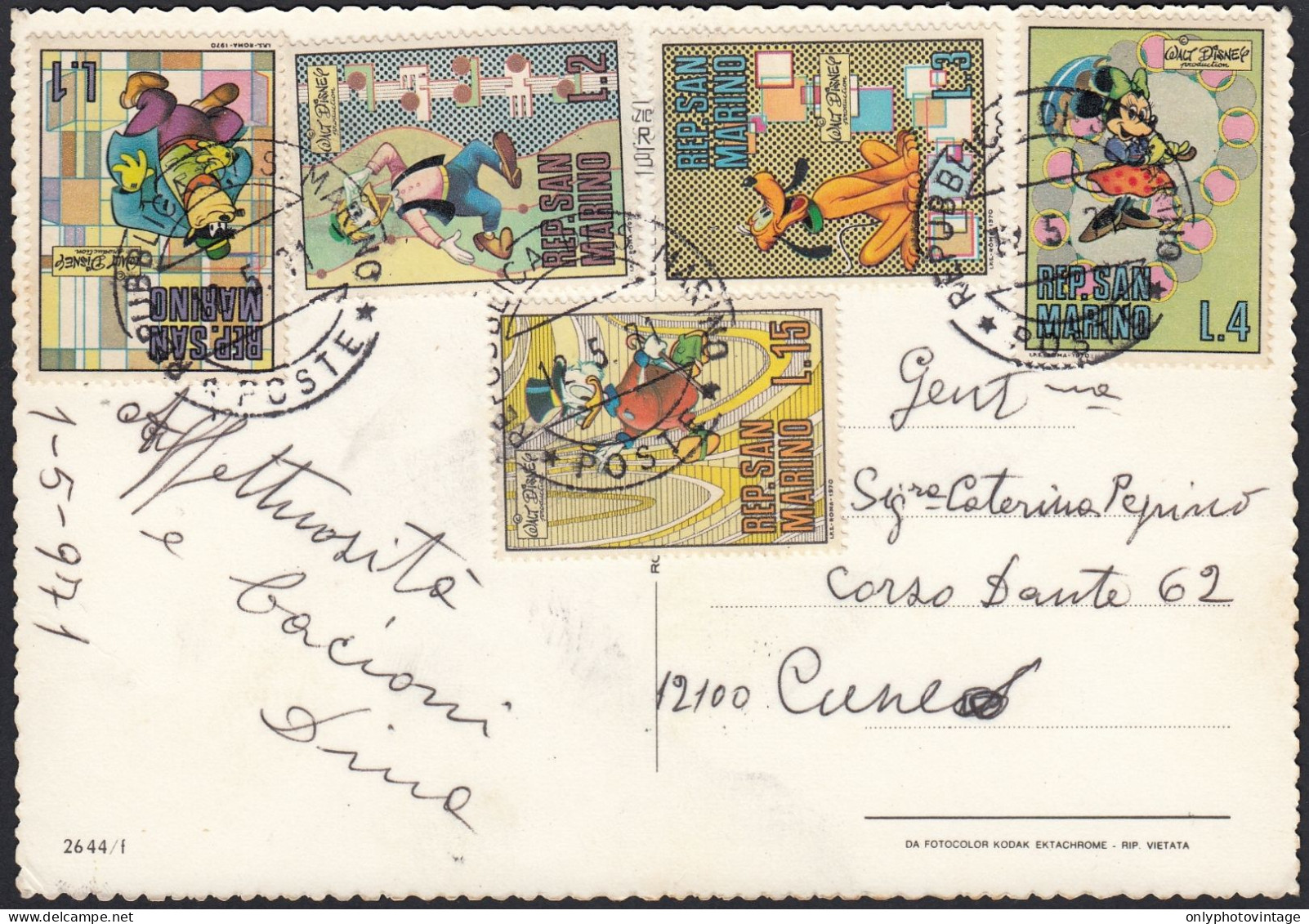 San Marino, Storia Postale, Personaggi Topolino, Walt Disney, Cartolina Postale 12.05.1971, Vedute - Lettres & Documents