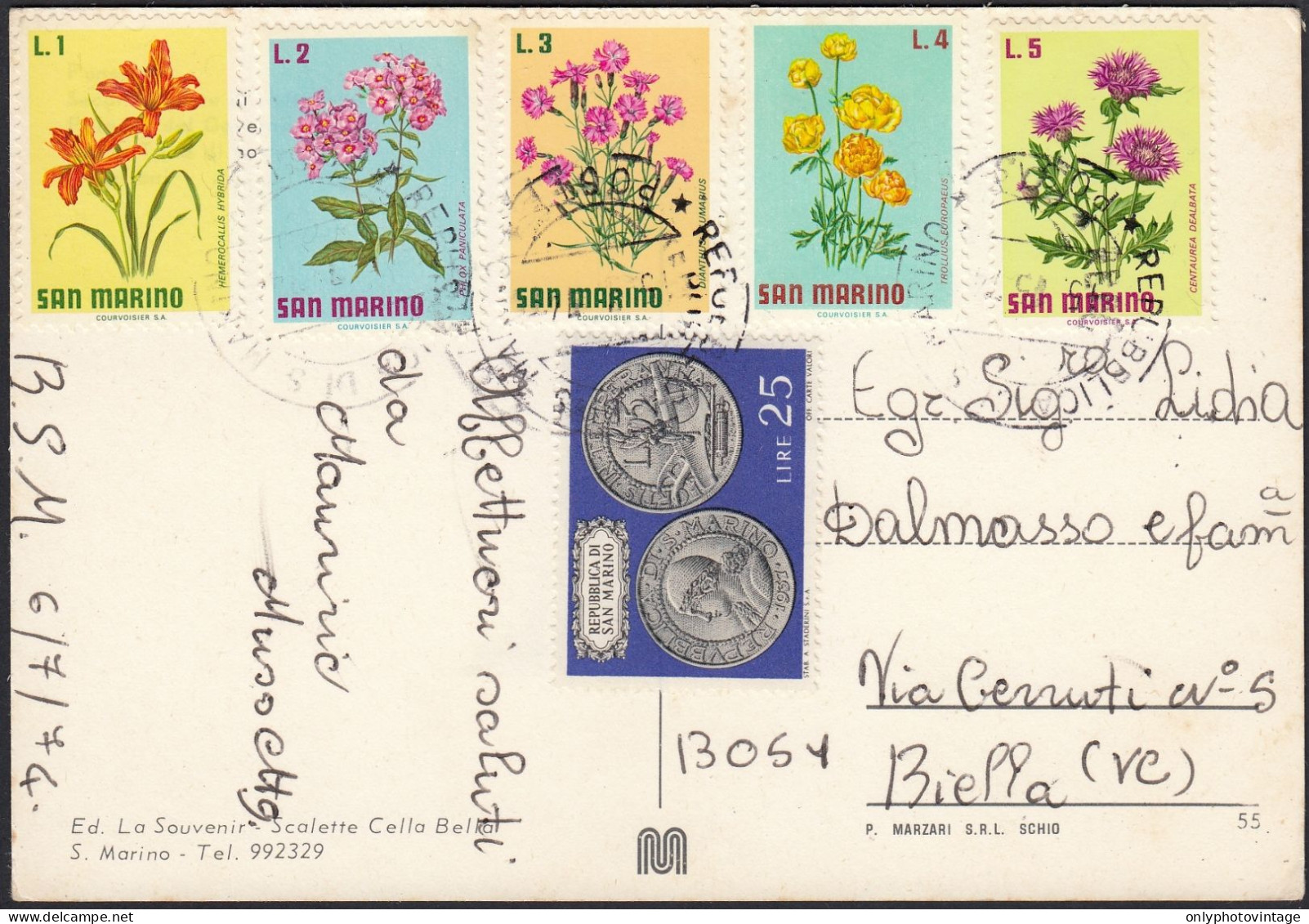 San Marino, Storia Postale, Fiori, Cartolina Postale 06.07.1974, Vedute - Covers & Documents