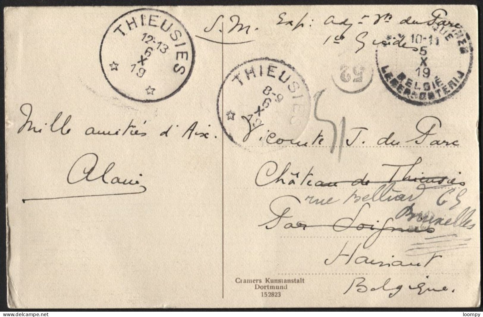 Relais THIEUSIES S/CP Obl. PMB En Sm + Réexp. 1919 (x681) - Postmarks With Stars