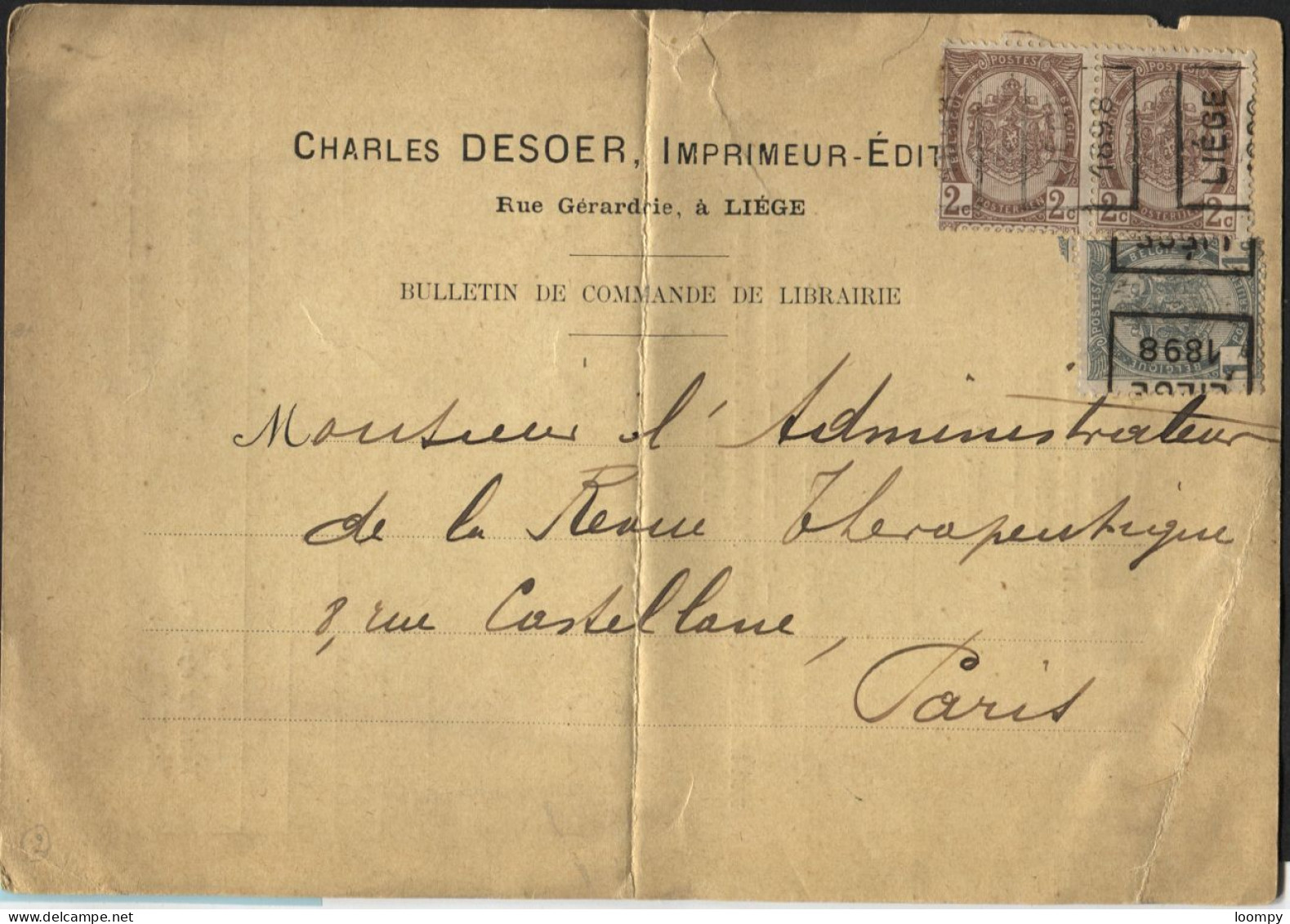 PREOS ROULETTE 1c-2c(2) Préo LIEGE 1898 Au Tarif Imprimé Drukwerk Sur Bulletin De Commande Desoer Vers Paris (x682) Pli. - Roulettes 1894-99