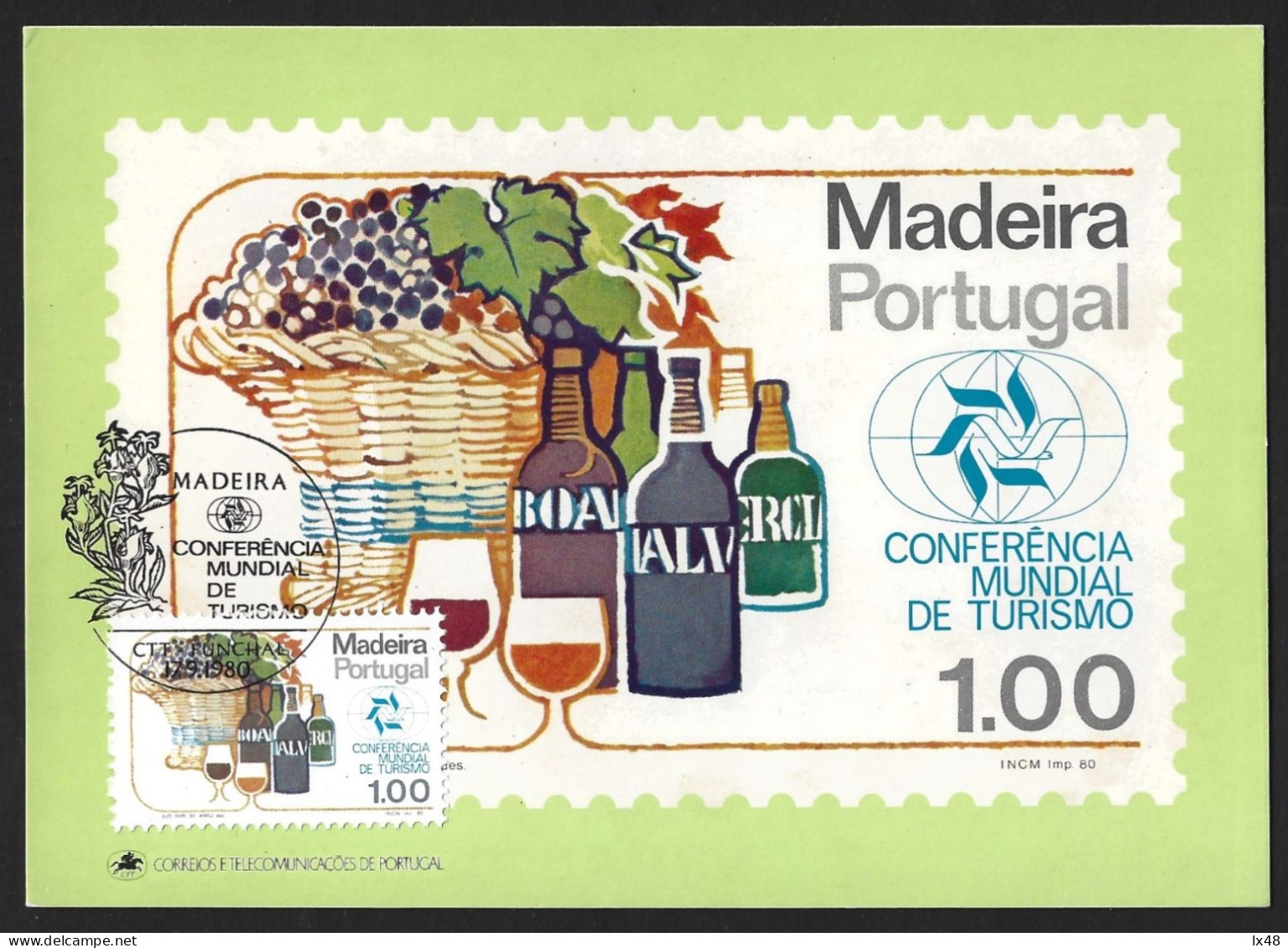 Wine From Madeira Island. Bottles Of Boal And Dalva Wine. Basket Of Wine Grapes. Stamp Tourism Conference. - Schnaps & Bier