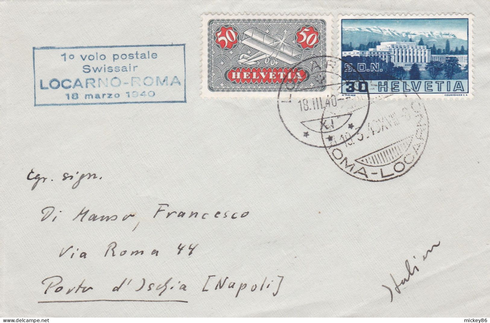 Suisse--1940--Devant De Lettre De LOCARNO Pour ISCHIA PORTO (Italie)-timbres,1ère Voie Postale Swissair LOCARNO-ROMA - Covers & Documents