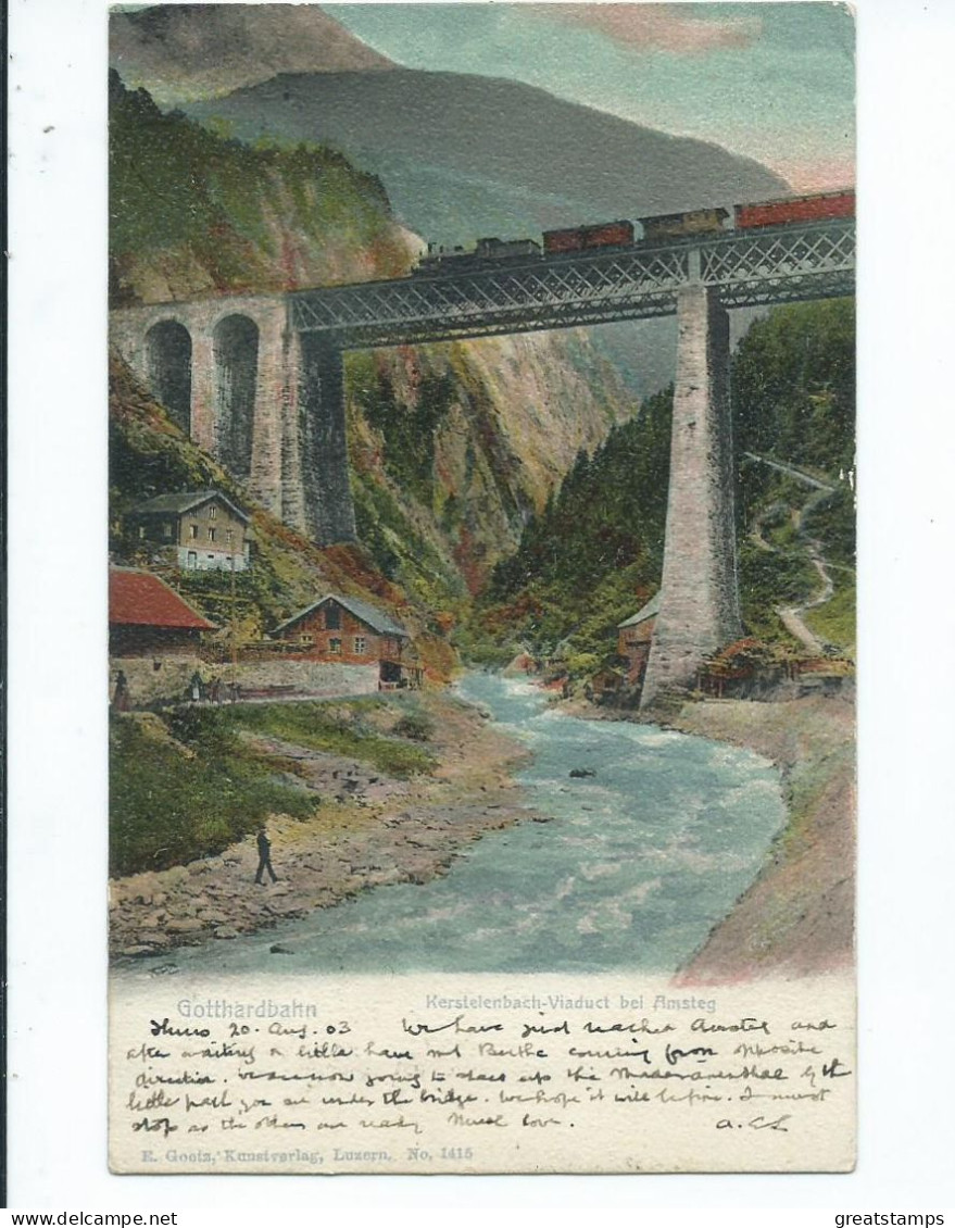 Switzerland   Postcard Gotthardbahn Kerstelenbach Viaduct. Steam Engine Posted 1903 - Kunstwerken