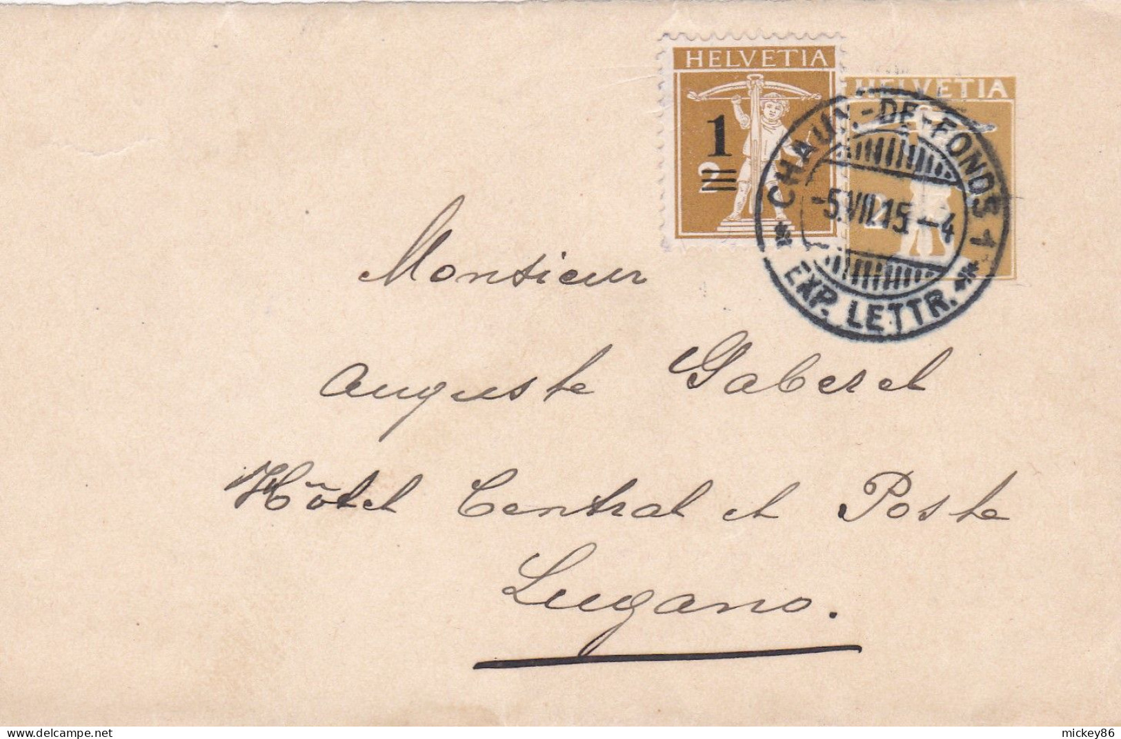Suisse--1915--Devant De Lettre De CHAUX DE FONDS  Pour LUGANO - Timbres ...beau Cachet - Covers & Documents