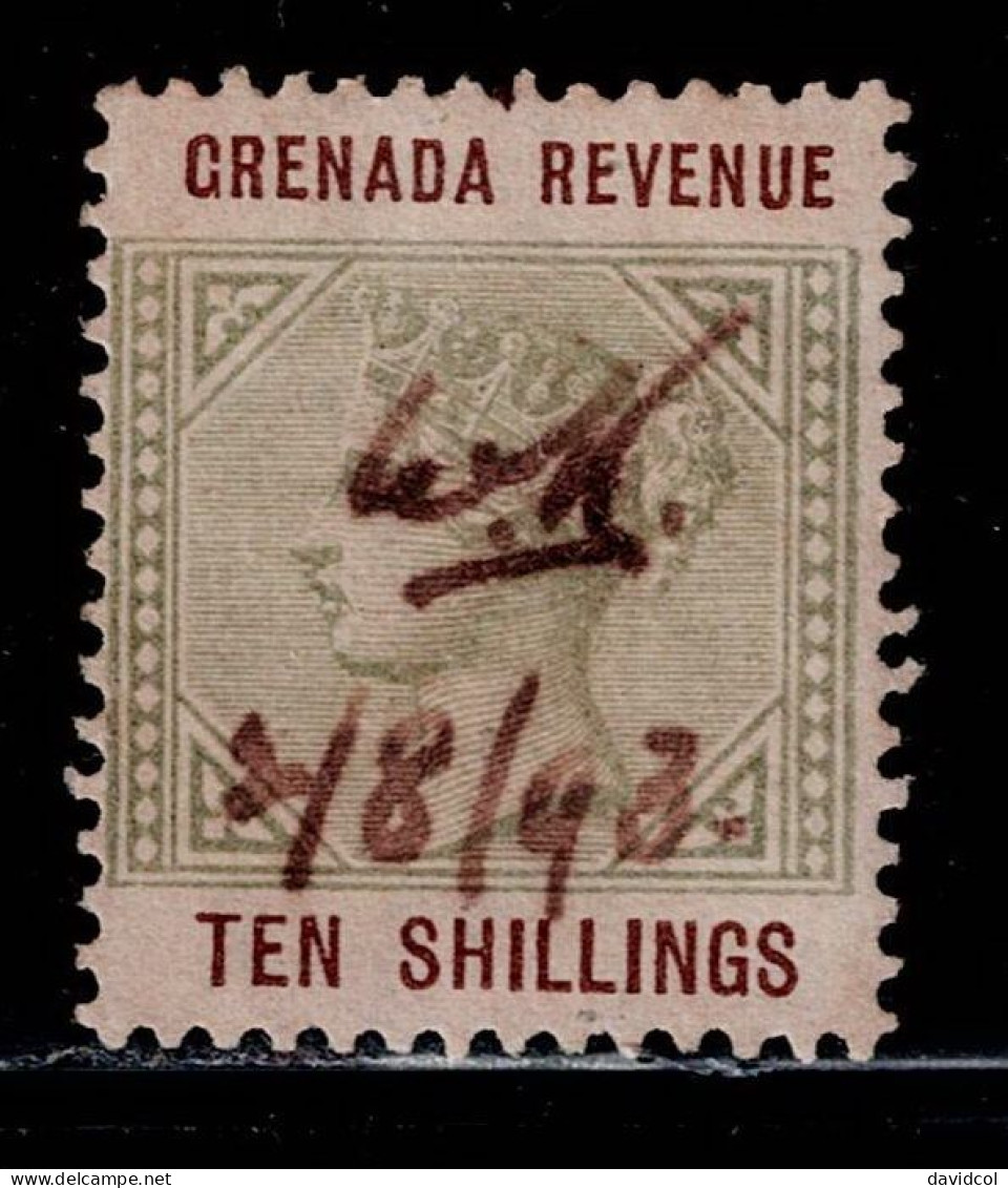 0181D - GRENADA REVENUE 10/- (10 SHILLINGS GREEN)- USED - 2/8/93 PEN CANCEL - Grenada (...-1974)