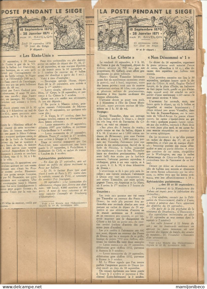 Aérostation - Ballons Montés - Siège De Paris 1870-1872 De Très Nombreux Articles Voir Description - Français (àpd. 1941)