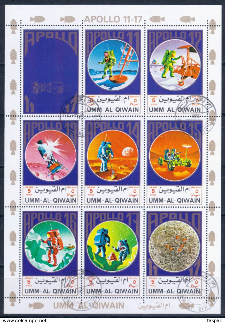 Umm Al-Qiwain 1972 Mi# 922-929 A Klb. Used - Sheet Of 9 (3 X 3) - Apollo 11-17 / Space - Umm Al-Qiwain