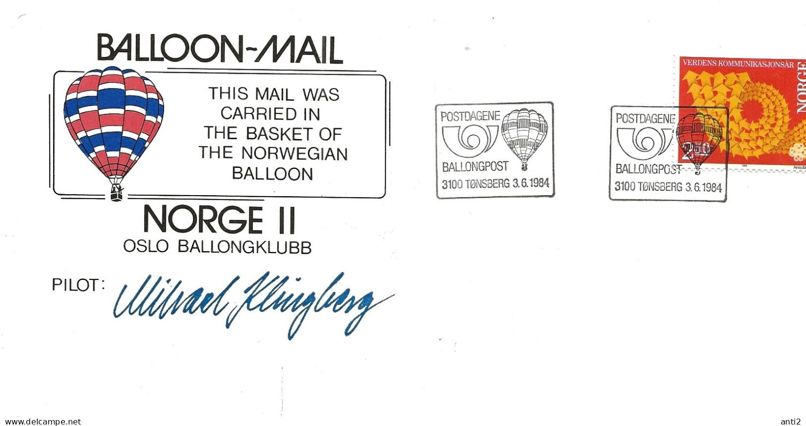 Norway Norge 1984 Balloon-mail   Norge II Oslo Ballongklubb  Pilot Klingberg  Sign, Cancelled Tønsberg 3.6.94 - Brieven En Documenten