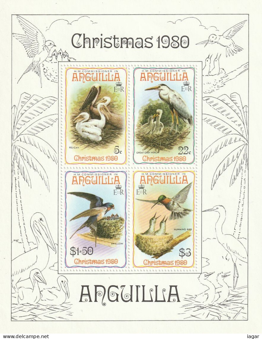 THEMATIC FAUNA:  MARINE FAUNA, BIRDS AND THEIR BROOD. PELICAN, GREY HERON,  SWALLOW, HUMMING BIRD 4v+BF - ANGUILLA - Pelikane