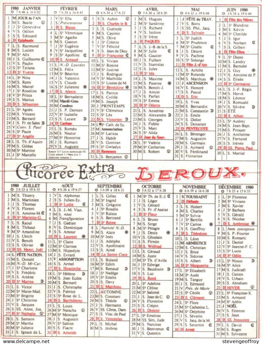 Calendrier Petit Format Chicorée LEROUX 1980 - Petit Format : 1971-80