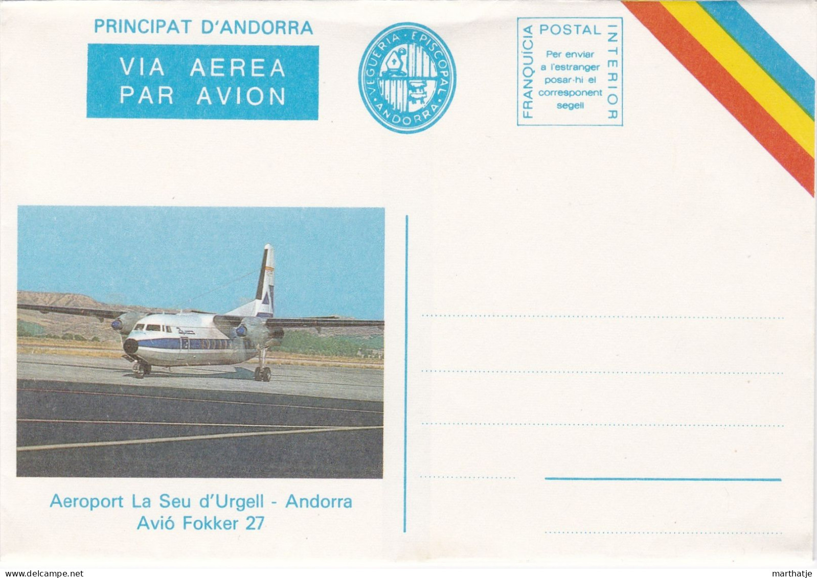 Principat D'Andorra -  Via Aerea Par Avion - Vegueria Episcopal - Aeroport La Seu D'Urgell - Avio Fokker 27 - Andorra - Vicariato Episcopale