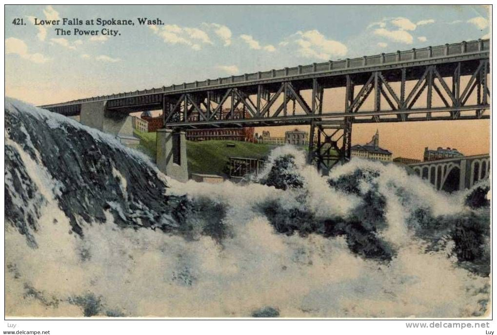 SPOKANE, WA; Lower Falls (Wasserfall, Waterfall) With Steel Bridge, Pont, Brücke,  The Power City - Spokane