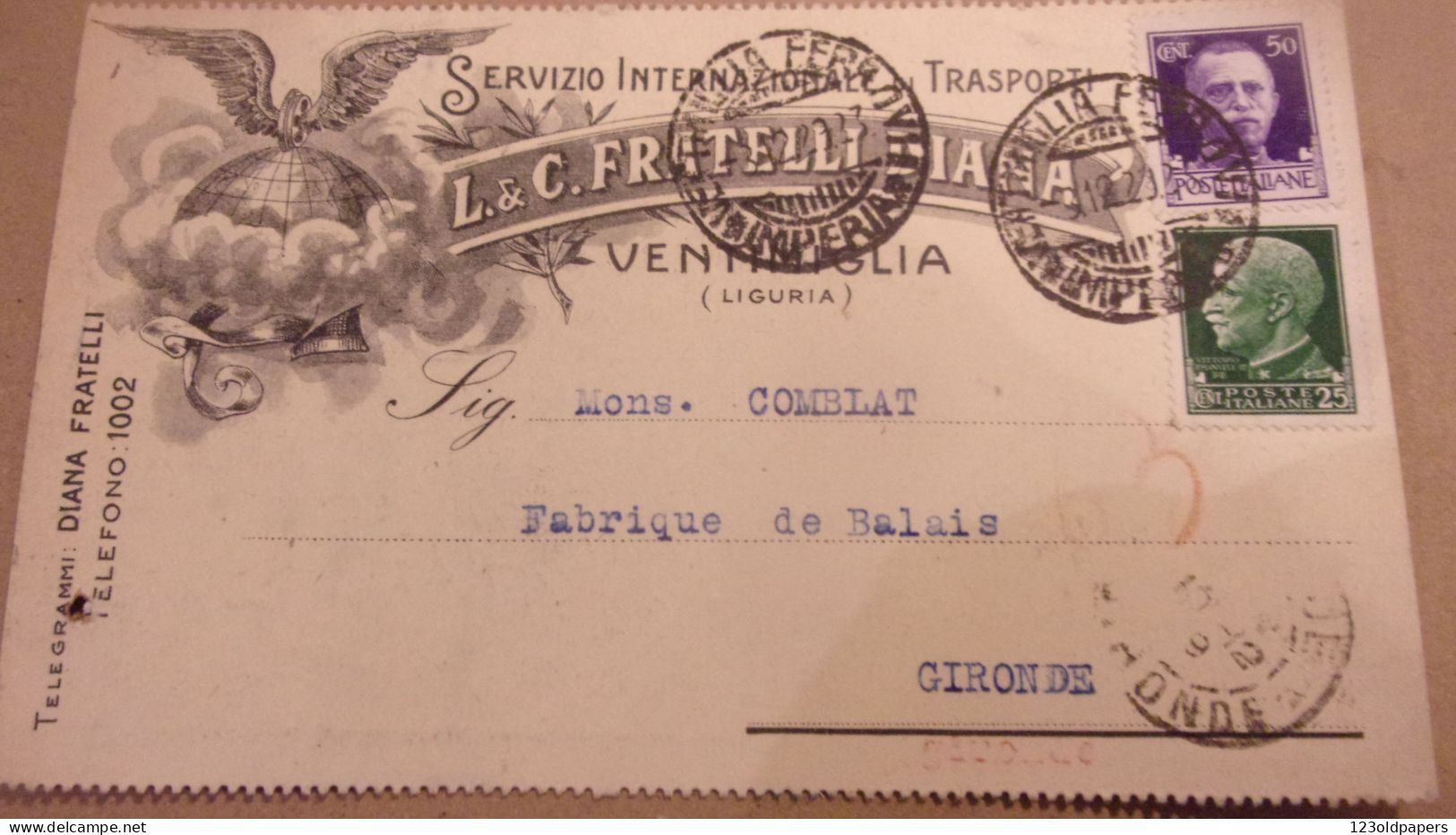 VENTIMIGLIA - IMPERIA - CARTOLINA COMMERCIALE "L.& C. FRATELLI DIANA" TRASPORTI INTERNAZIONALI - 1929 - Poststempel