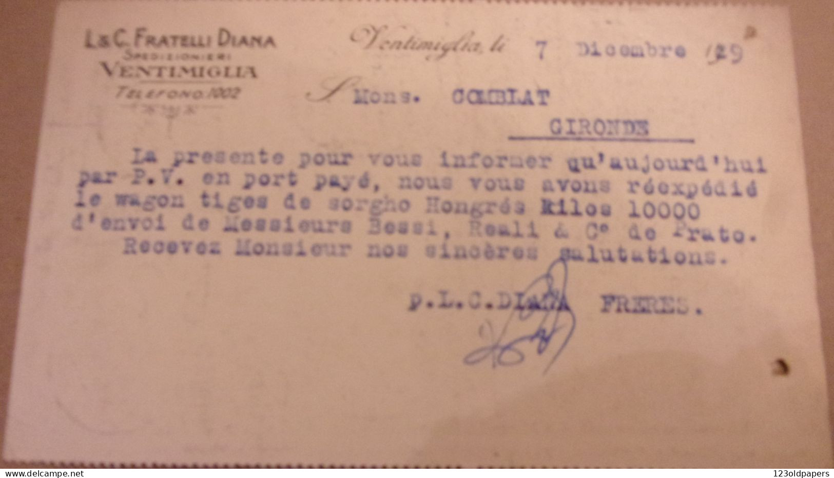 VENTIMIGLIA - IMPERIA - CARTOLINA COMMERCIALE "L.& C. FRATELLI DIANA" TRASPORTI INTERNAZIONALI - 1929 - Storia Postale