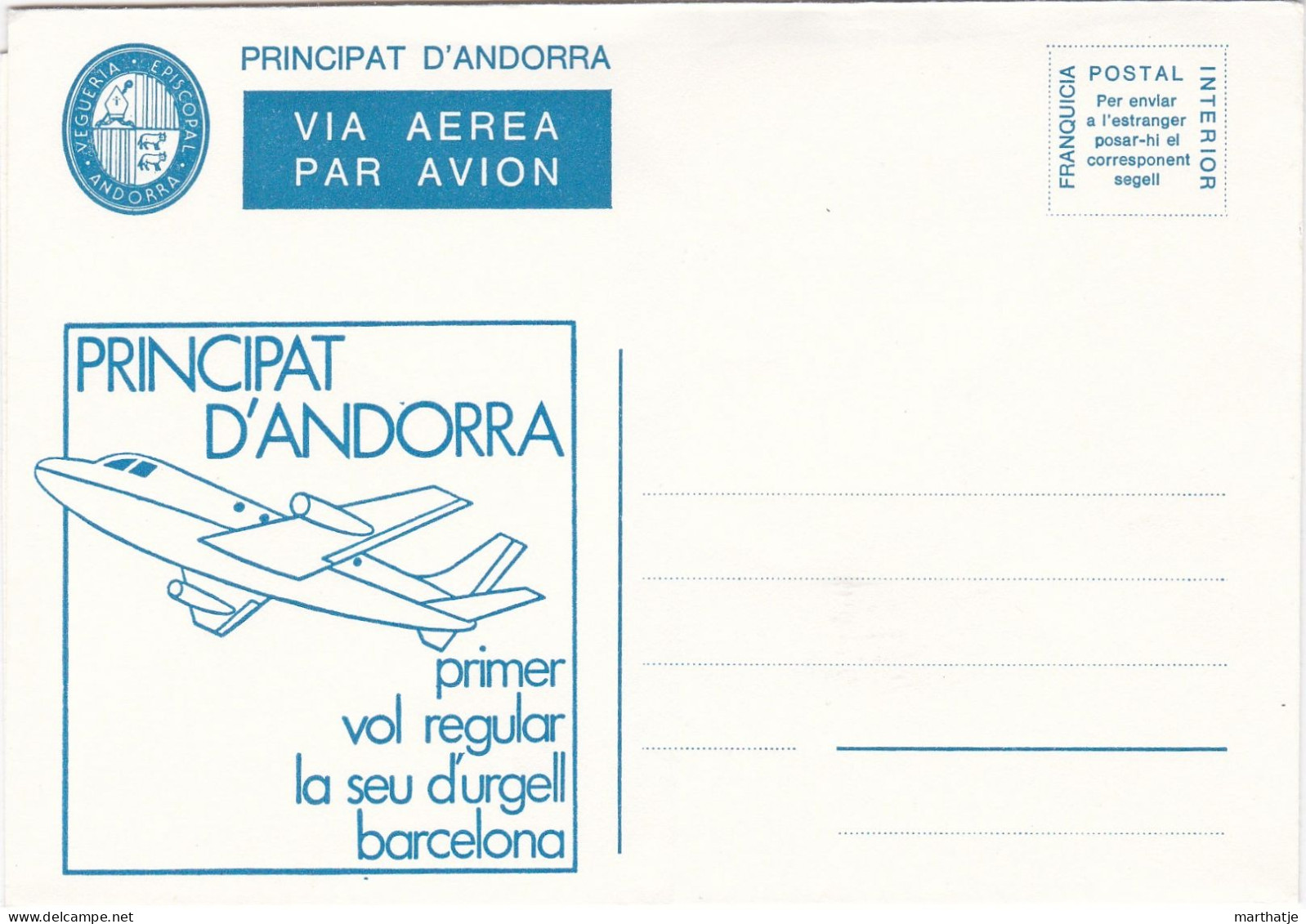 Principat D'Andorra -  Via Aerea Par Avion - Vegueria Episcopal - Primer Vol Regular La Seu D'Urgell Barcelona N°002614 - Viguerie Episcopale