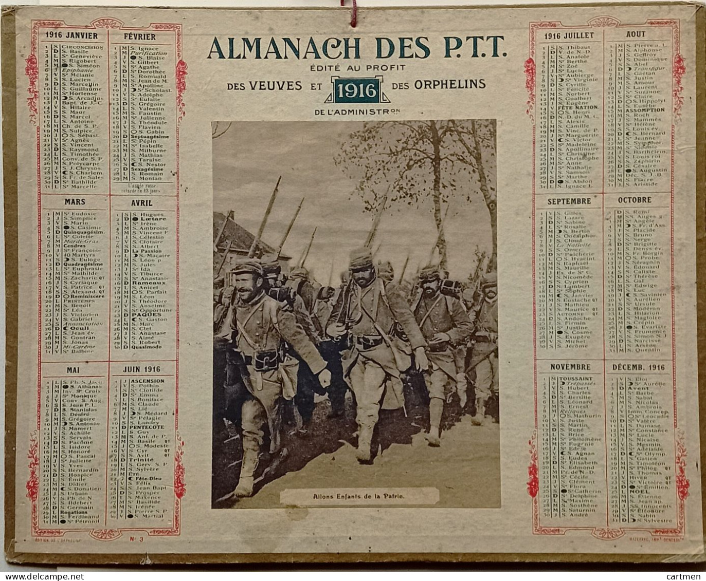 CALENDRIER 1916 ALMANACH DES P T T AU PROFIT DES VEUVES ET ORPHELINS GRANDE GUERRE - Formato Grande : 1901-20