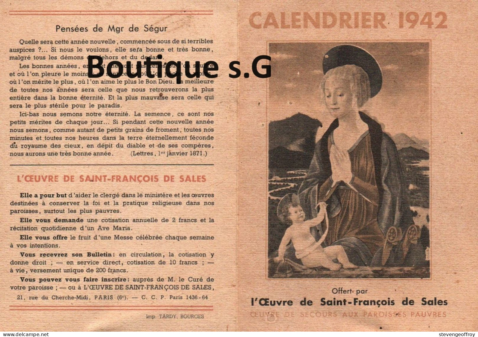 Calendrier Petit Format 1942 Oeuvre De St Saint Francois De Sales - Petit Format : 1941-60