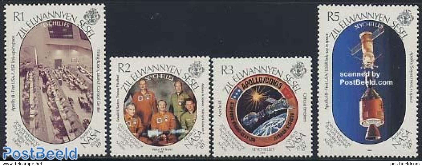 Seychelles, Zil Eloigne Sesel 1989 Apollo Moonlanding Anniversary 4v, Mint NH, Transport - Space Exploration - Seychelles (1976-...)