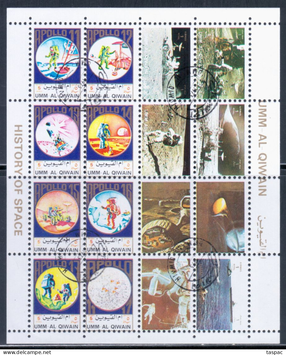 Umm Al-Qiwain 1972 Mi# 930-937, 1202-1209 A Zd-B. Used - Sheet Of 16 (small Format) - Apollo / Moon Exploration / Space - Umm Al-Qiwain