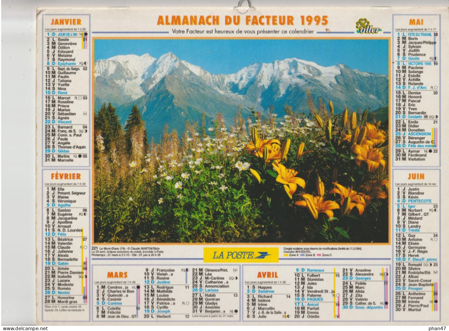 Almanach Du Facteur 1995, Le Mont-Blanc (74) Au Printemps / Vallée Des Hautes-Alpes En Automne, OLLER - Grand Format : 1991-00