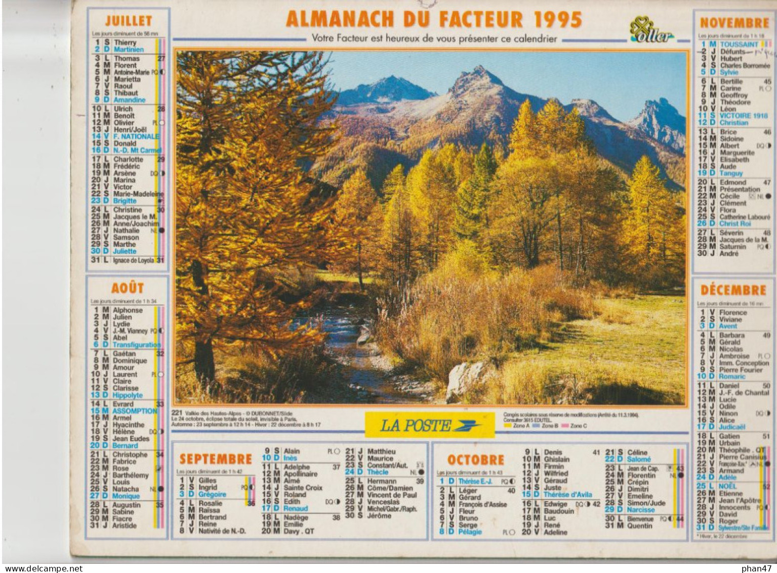 Almanach Du Facteur 1995, Le Mont-Blanc (74) Au Printemps / Vallée Des Hautes-Alpes En Automne, OLLER - Tamaño Grande : 1991-00