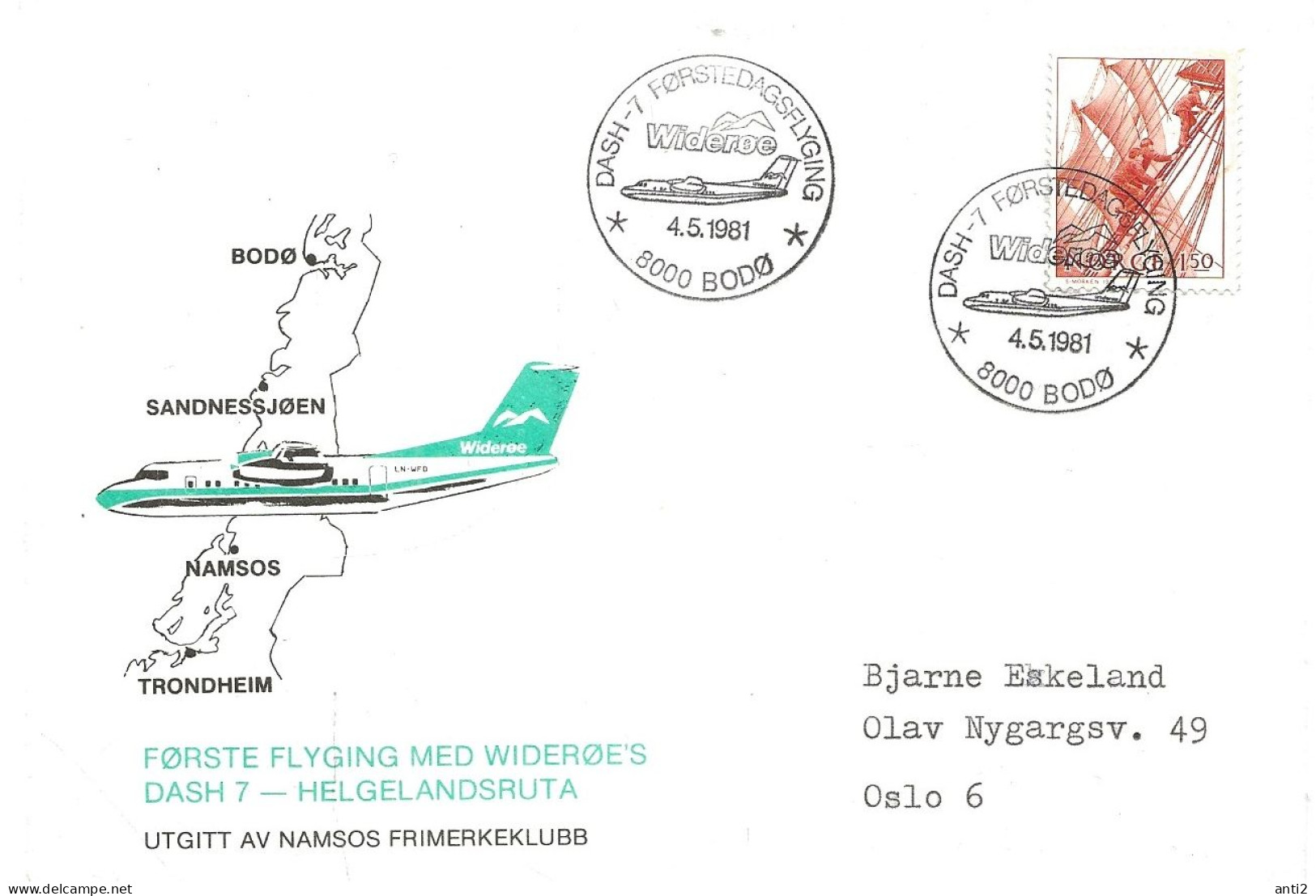 Norge Norway 1981 Special Cover First Flight With Widerøe Dash 7 - Special Cancellation Bodø  4.5.1981  FDC Mi 839 - Storia Postale