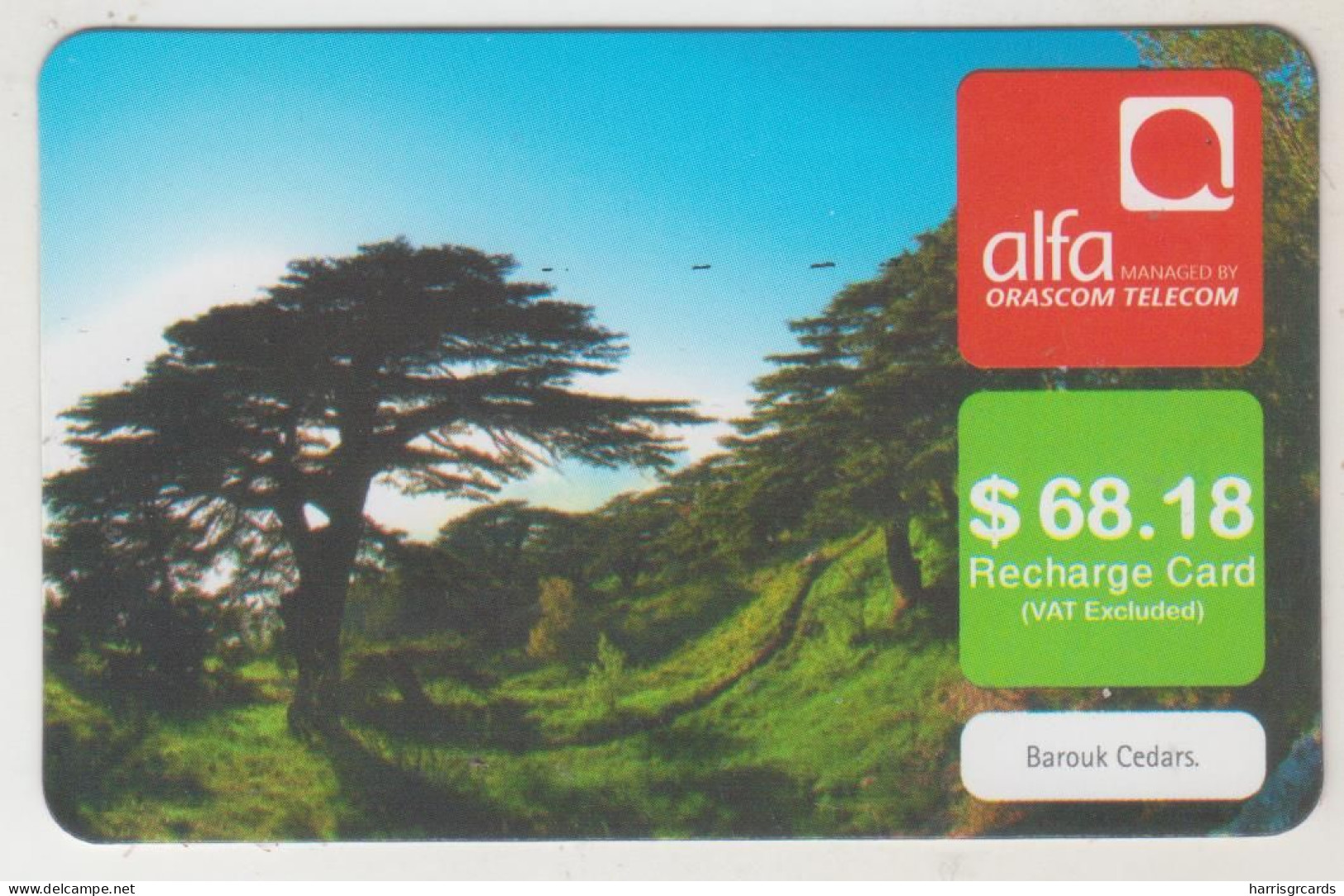 LEBANON - Barouk Cedars Tree , Alfa Recharge Card 68.18$, Exp.date 15/08/13, Used - Liban