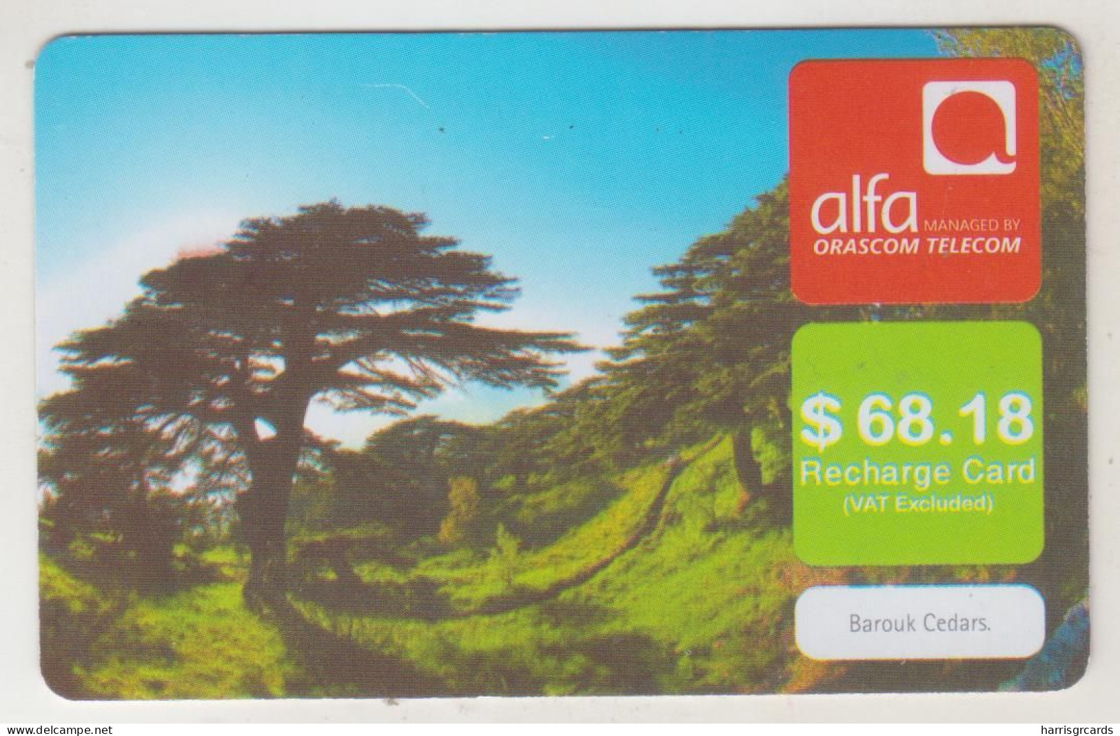 LEBANON - Barouk Cedars Tree , Alfa Recharge Card 68.18$, Exp.date 15/12/13, Used - Libano