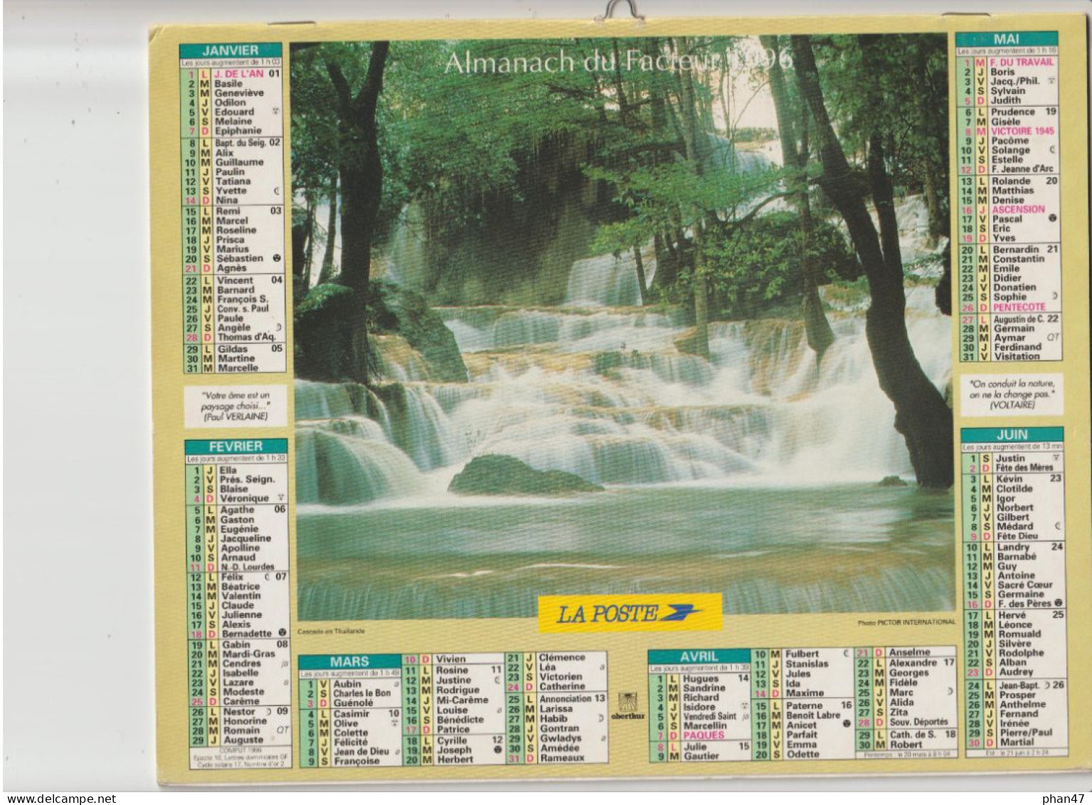 Almanach Du Facteur 1996, Cascade En Thaïlande / Cottage Anglais, OBERTHUR - Big : 1991-00