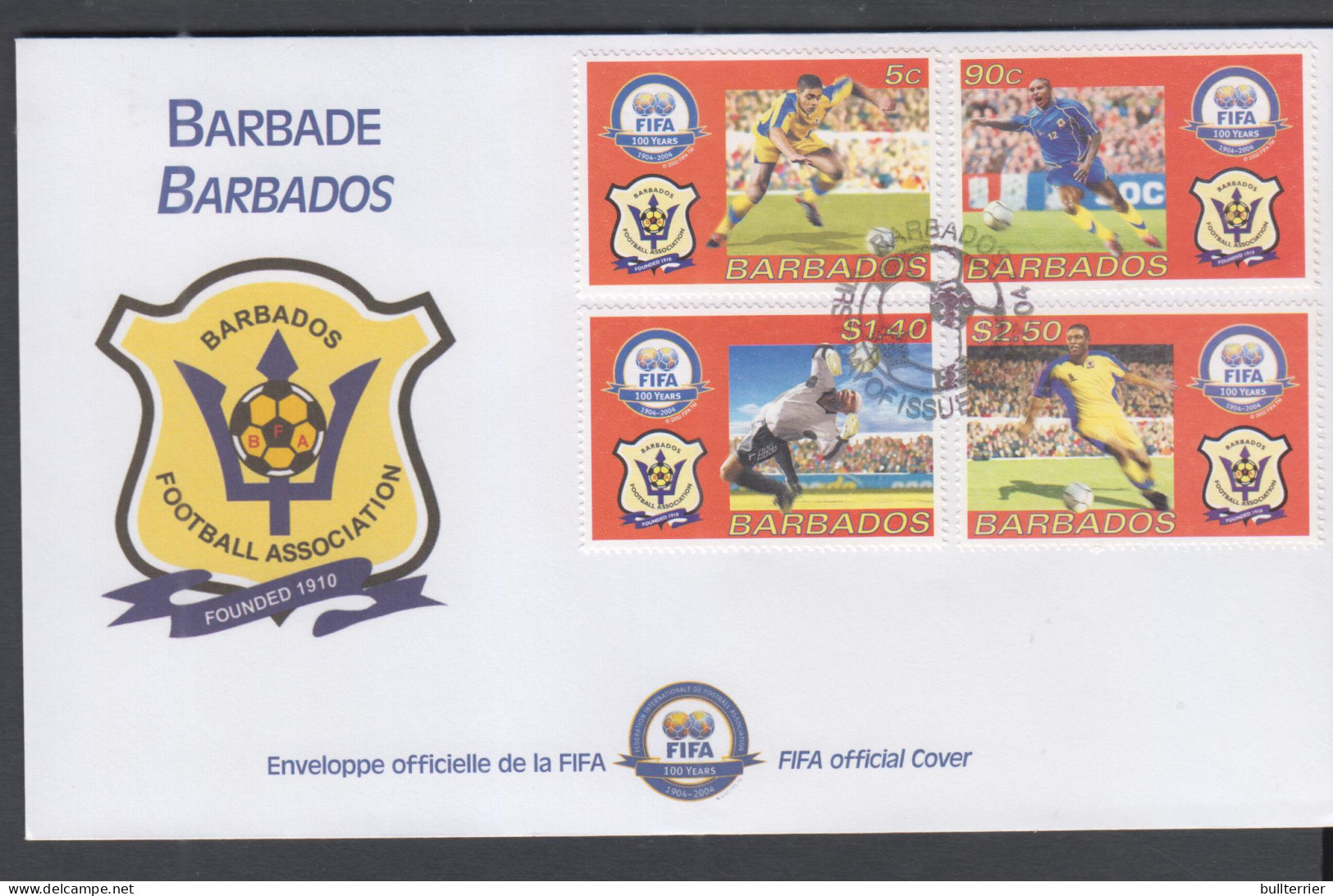 SOCCER - BARBADOS  - 2004- FIFA CENTENARY SET OF 4 ON  ILLUSTRATED FDC  - Cartas & Documentos