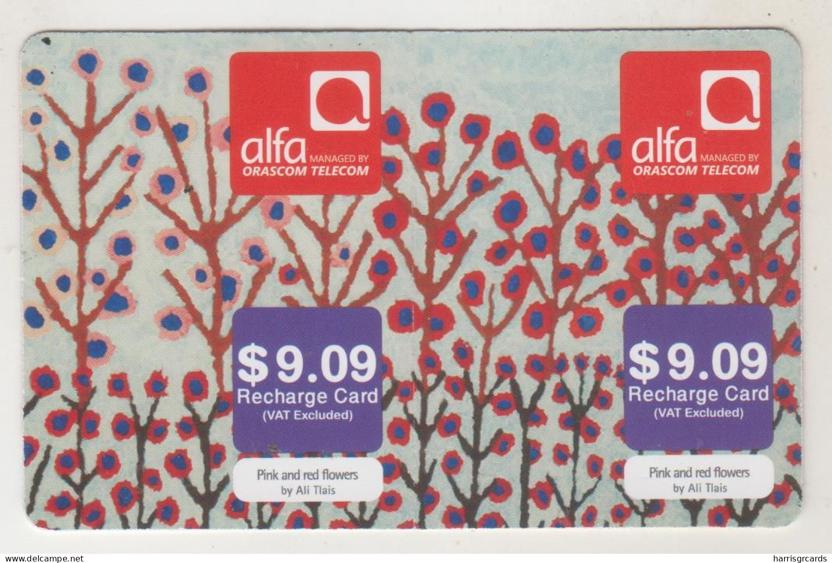 LEBANON - Pink And Red Flowers (Half Size X2) , Alfa Recharge Card 9.09$, Exp.date 15/03/16, Used - Libanon