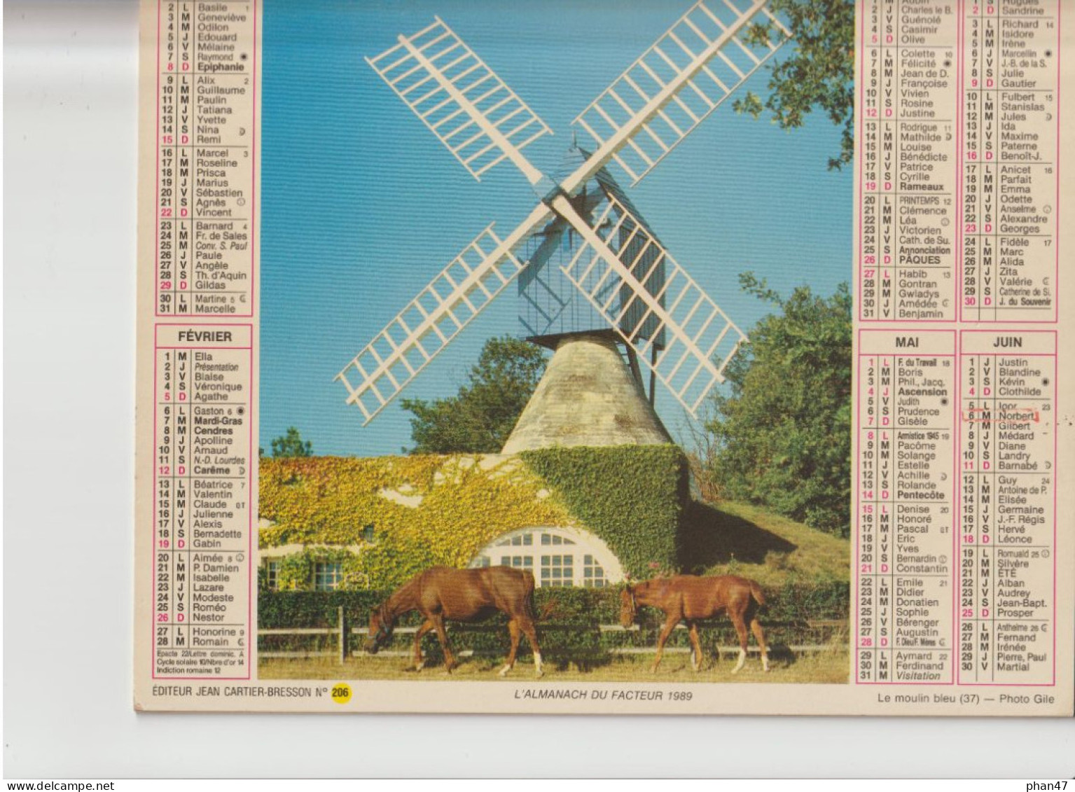 Almanach Du Facteur 1989, Le Moulin Bleu (37), Chevaux / Près De Briançon (05) Jument Et Son Poulain, CARTIER-BRESSON - Formato Grande : 1981-90