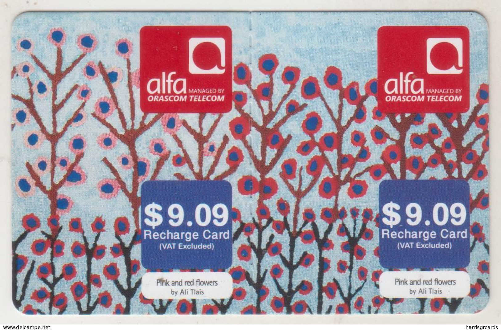 LEBANON - Pink And Red Flowers (Half Size X2) , Alfa Recharge Card 9.09$, Exp.date 25/09/17, Used - Lebanon