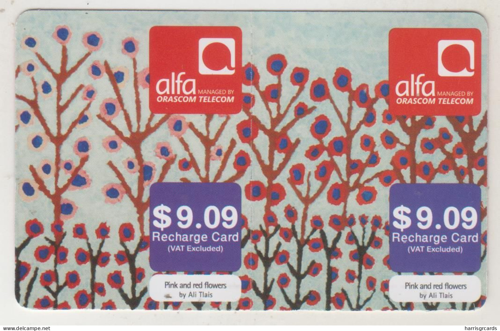 LEBANON - Pink And Red Flowers (Half Size X2) , Alfa Recharge Card 9.09$, Exp.date 15/08/18, Used - Líbano