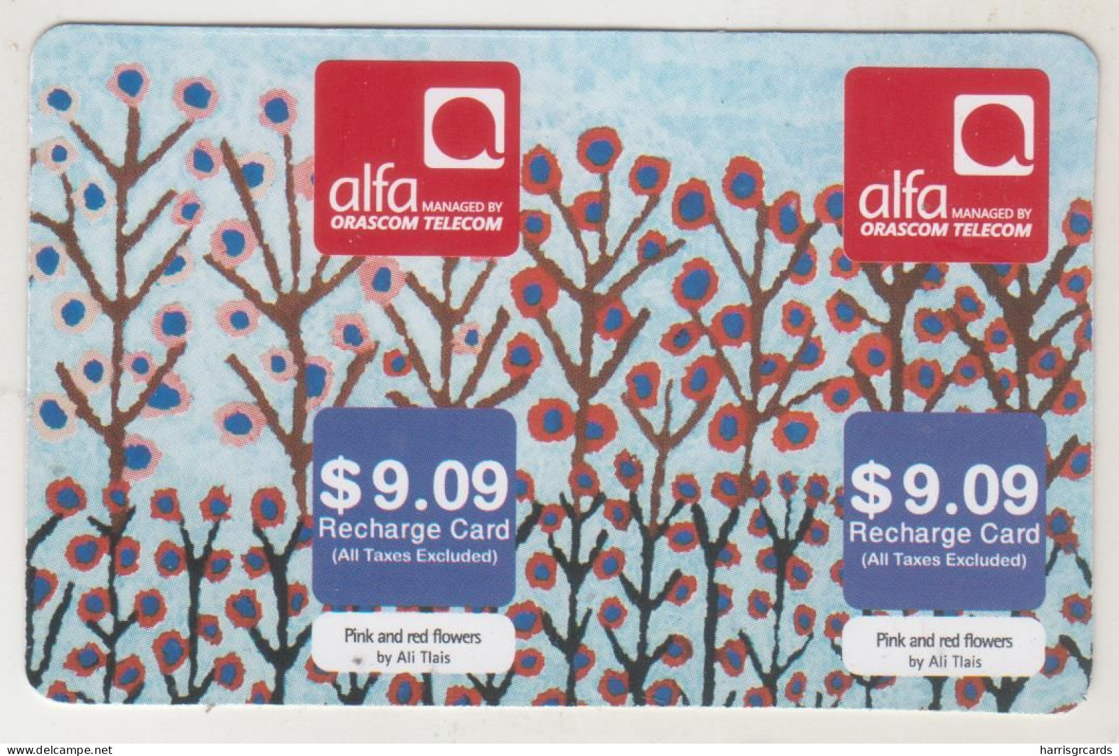 LEBANON - Pink And Red Flowers (Half Size X2) , Alfa Recharge Card 9.09$, Exp.date 20/03/21, Used - Libanon